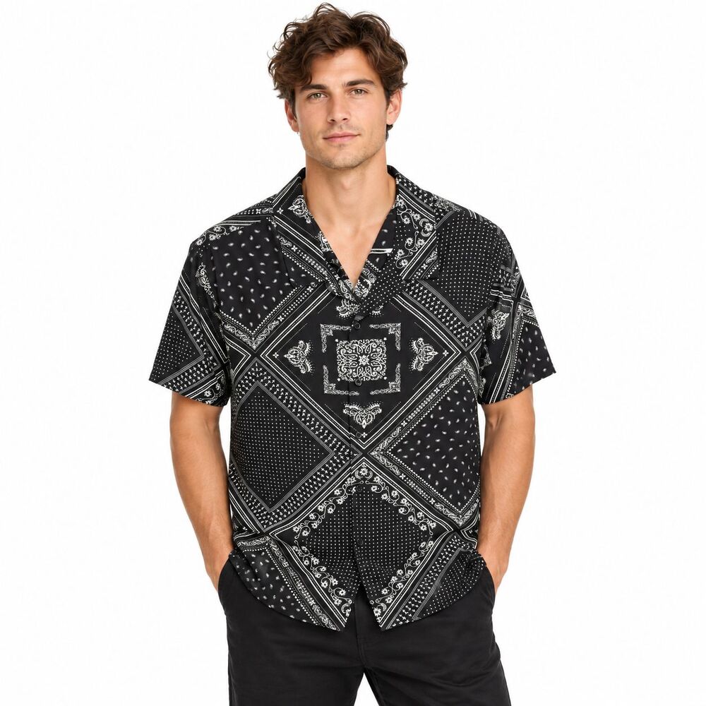Guess Los Angeles Men's M Black White Bandna Paisley Button Up Shirt